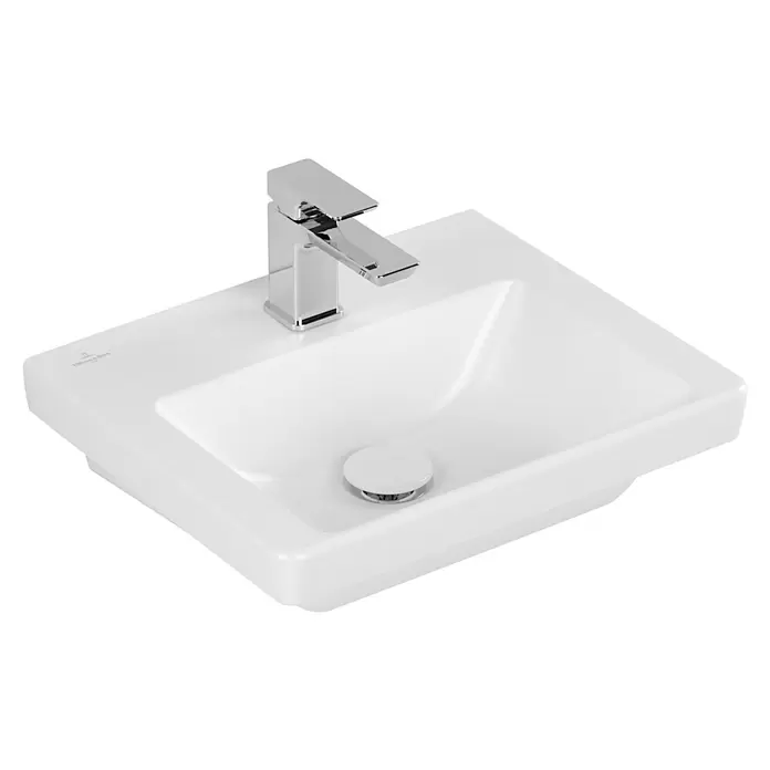 Villeroy & Boch Subway 3.0 Handwaschbecken - 45 x 37 cm, Mit schmutzabweisender Glasur, Hahnloch: Mitte, Ohne Überlauf, Stone White - Weißes Keramik-Waschbecken mit Chrom-Einhebelmischer und weißer Ablaufabdeckung.