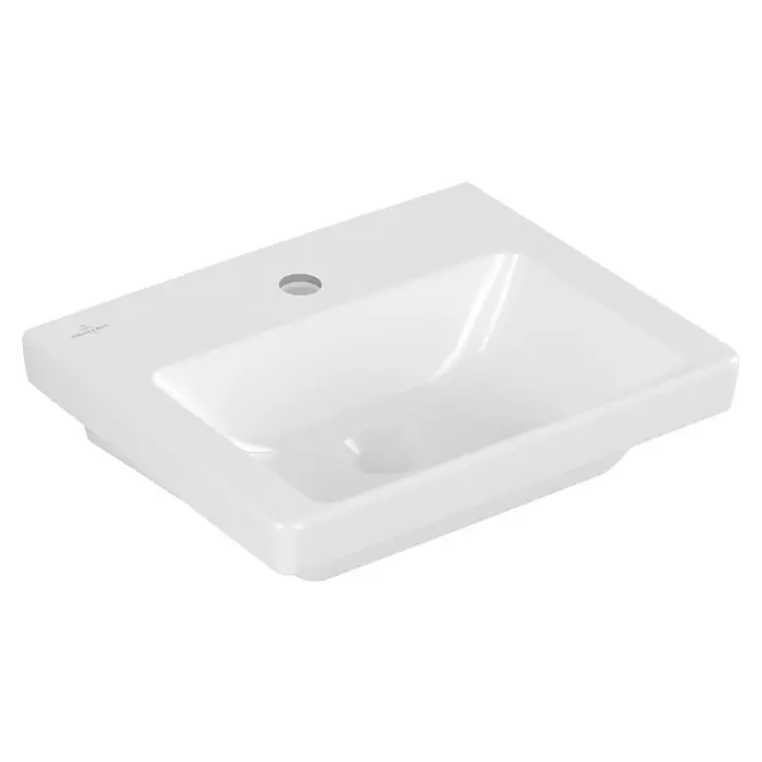 Villeroy & Boch Subway 3.0 Handwaschbecken - 45 x 37 cm, Ohne Spezialglasur, Hahnloch: Mitte, Ohne Überlauf, Weiß Alpin, Ungeschliffen, Waschbecken geeignet für: Halbsäule - Weißes, rechteckiges Keramikwaschbecken mit einem Hahnloch und Villeroy & Boch Logo.