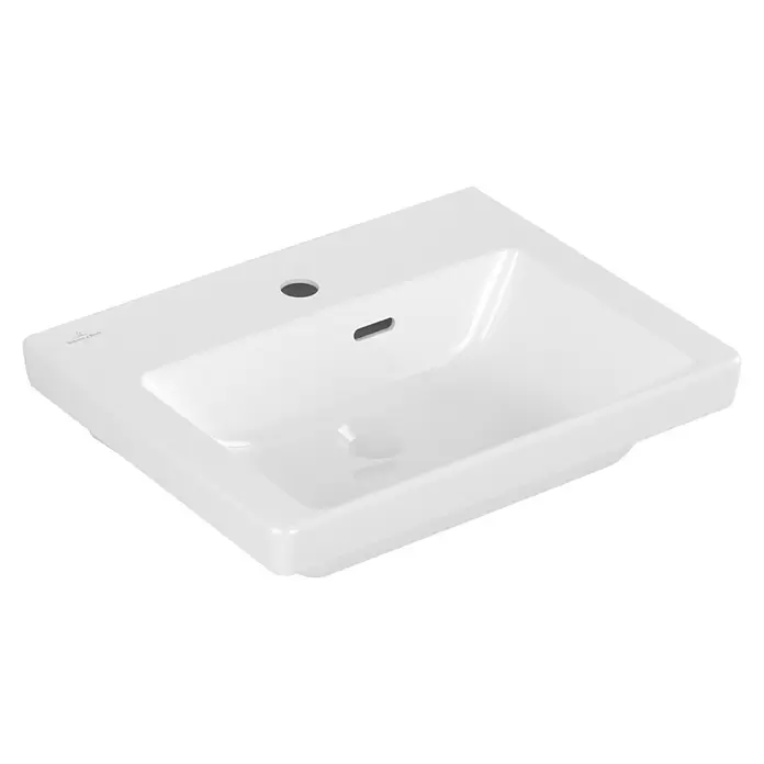 Villeroy & Boch Subway 3.0 Handwaschbecken - 50 x 40 cm, Mit schmutzabweisender Glasur, Hahnloch: Mitte, Mit Überlauf, Weiß Alpin, Ungeschliffen, Waschbecken geeignet für: Halbsäule - Weißes rechteckiges Keramik-Waschbecken mit Hahnloch und Überlauf.