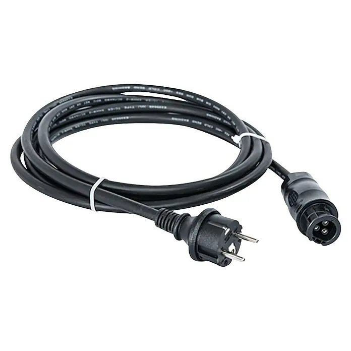 Hepa Solar Solarkabel - Kabellänge: 5 m - Ein schwarzes Stromkabel mit einem EU-Stecker und einem dreipoligen Stecker, aufgerollt und mit Kabelbindern fixiert. Hochwertiges Netzkabel.