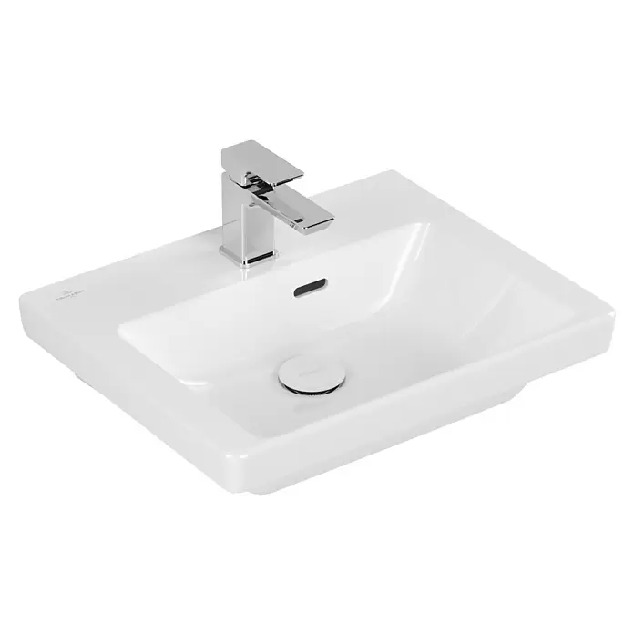 Villeroy & Boch Subway 3.0 Handwaschbecken - 50 x 40 cm, Mit schmutzabweisender Glasur, Hahnloch: Mitte, Mit Überlauf, Weiß Alpin, Ungeschliffen, Waschbecken geeignet für: Halbsäule - Weißes Keramikwaschbecken mit Chromarmatur und weißem Ablaufstöpsel.