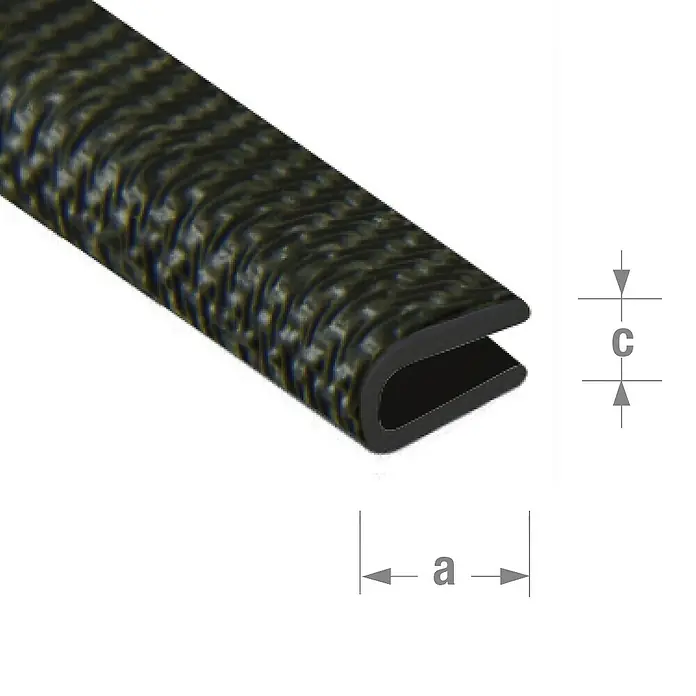 Alberts Protección de bordes - PVC, L x An x Al: 1,5 m x 10 mm x 7 mm, Negro - Imagen de un perfil de protección de cantos con las dimensiones a y c. Ideal para proteger cantos.
