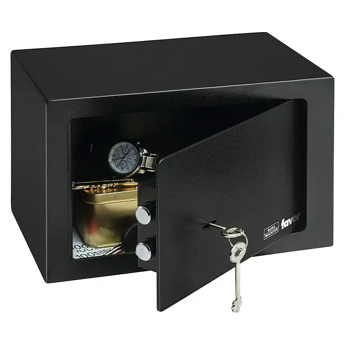 Burg-Wächter Favor Möbeltresor - 200 x 310 x 200 mm, Doppelbartschloss - Ein schwarzer Burg Wächter Favor Tresor steht offen und zeigt den Inhalt, inklusive Bargeld, Schmuck und einer Uhr.