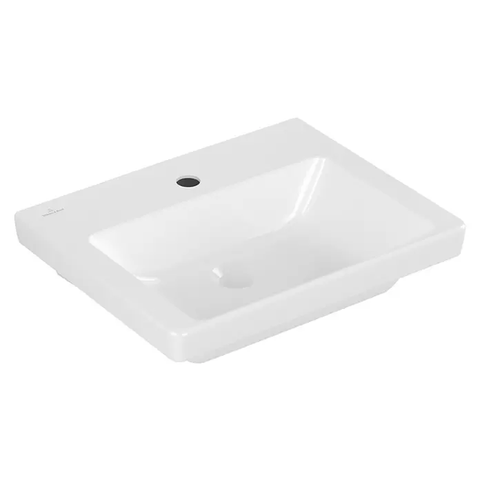 Villeroy & Boch Subway 3.0 Handwaschbecken - 45 x 37 cm, Ohne Spezialglasur, Hahnloch: Mitte, Mit Überlauf, Weiß Alpin, Ungeschliffen, Rechteckig - Weißes rechteckiges Keramik-Waschbecken mit Hahnloch und Überlauf.