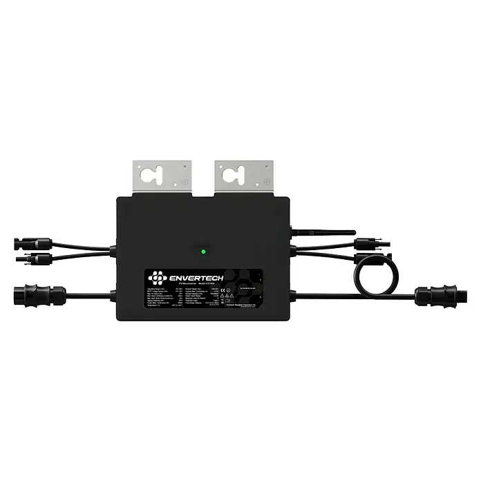 Envertech Wechselrichter EVT800-R - 0% MwSt. (gem. § 12 Abs. 3 UStG) - Leistungsaufnahme: 800 W - Das Bild zeigt einen Envertech EV1800 PV-Mikrowechselrichter, ein Gerät zur Umwandlung von Solarstrom. Er ist kompakt und schwarz mit Kabeln.