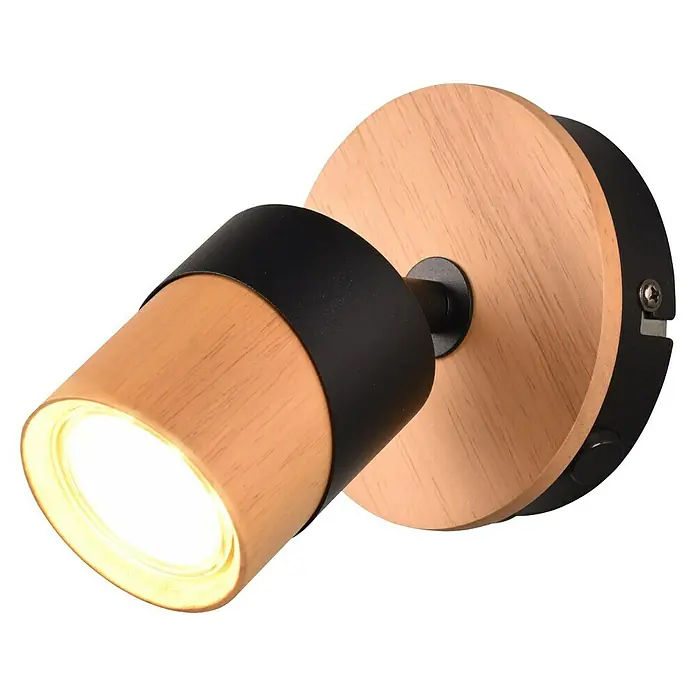 Trio Lighting Aruni Foco de pared - 10 W, L x An x Al: 15 x 11 x 13 cm, Negro/Marrón, GU10 - Primer plano de una elegante lámpara de pared de madera y metal negro que emite una luz cálida, creando un ambiente moderno.