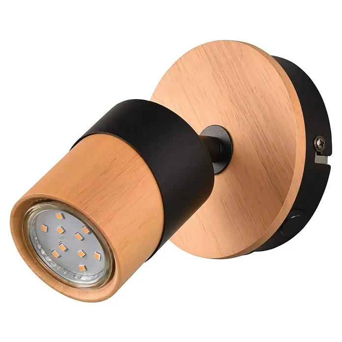 Trio Lighting Aruni Foco de pared - 10 W, L x An x Al: 15 x 11 x 13 cm, Negro/Marrón, GU10 - Primer plano de una moderna lámpara de pared de madera y metal, con iluminación LED que emite un brillo cálido y acogedor.