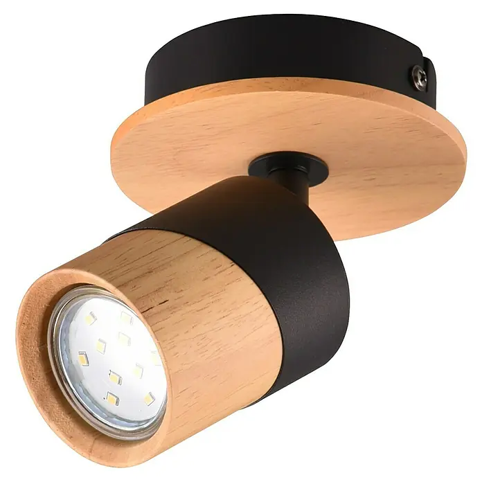 Trio Lighting Aruni Foco de pared - 10 W, L x An x Al: 15 x 11 x 13 cm, Negro/Marrón, GU10 - Primer plano de una lámpara de techo moderna con elementos de madera y metal, que emite una luz cálida y acogedora.