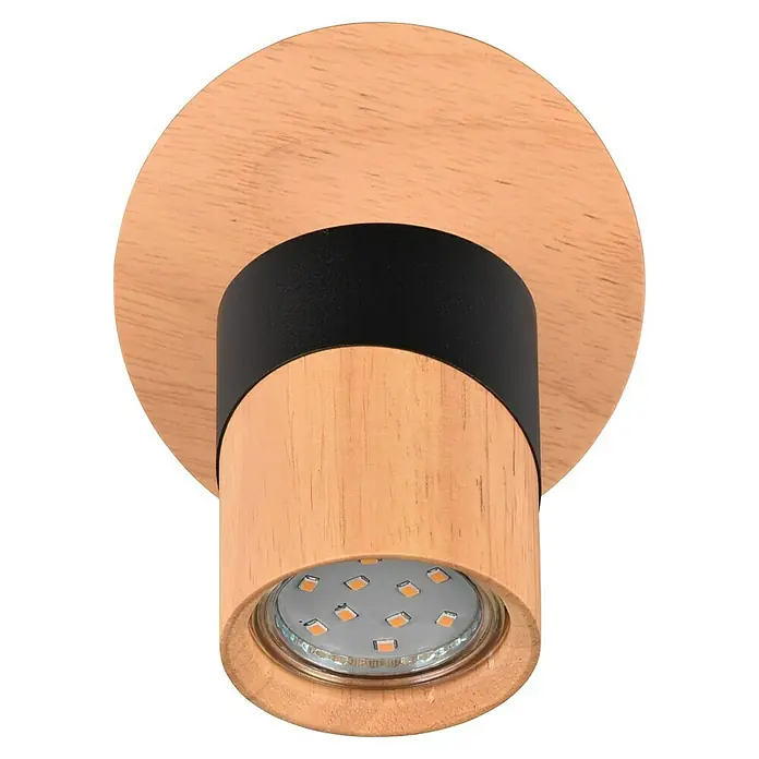 Trio Lighting Aruni Foco de pared - 10 W, L x An x Al: 15 x 11 x 13 cm, Negro/Marrón, GU10 - Primer plano de una moderna lámpara de techo LED redonda con base de madera y un anillo negro, que emite un brillo cálido y acogedor.