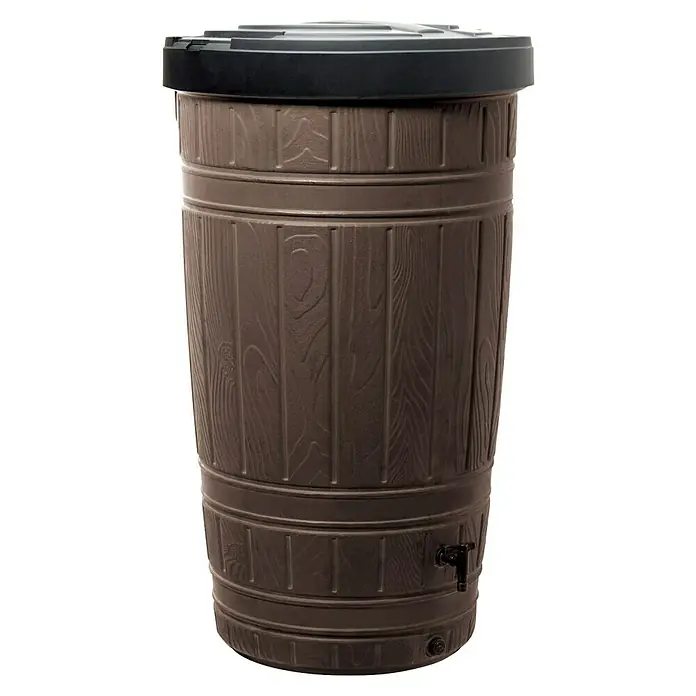 Regenspeicher Woodcan - 265 l, Braun - Braune Regentonne aus Kunststoff mit schwarzem Deckel und Hahn zur Gartenbewässerung.