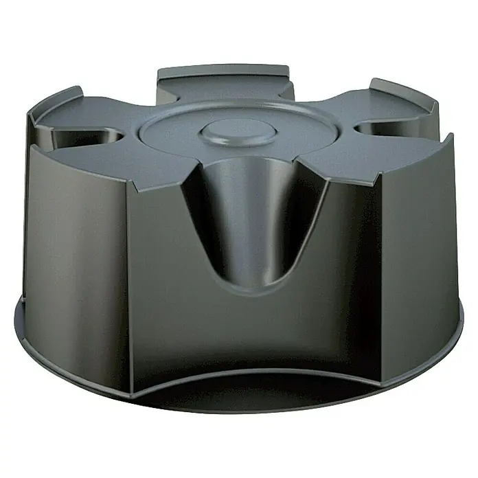 Regentonnensockel - Passend für: Regentonne Aquacan Baby & Regentonne Woodcan, Schwarz - Das Produkt ist eine schwarze, kreuzförmige Halterung mit einer runden Aussparung in der Mitte, ideal für den sicheren Halt verschiedener Gegenstände.