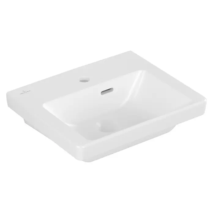 Villeroy & Boch Subway 3.0 Handwaschbecken - 37 x 30,5 cm, Mit schmutzabweisender Glasur, Hahnloch: Mitte, Mit Überlauf, Stone White, Waschbecken geeignet für: Halbsäule, Ungeschliffen - Weißes Villeroy & Boch Keramikwaschbecken mit Hahnloch und Überlauf.