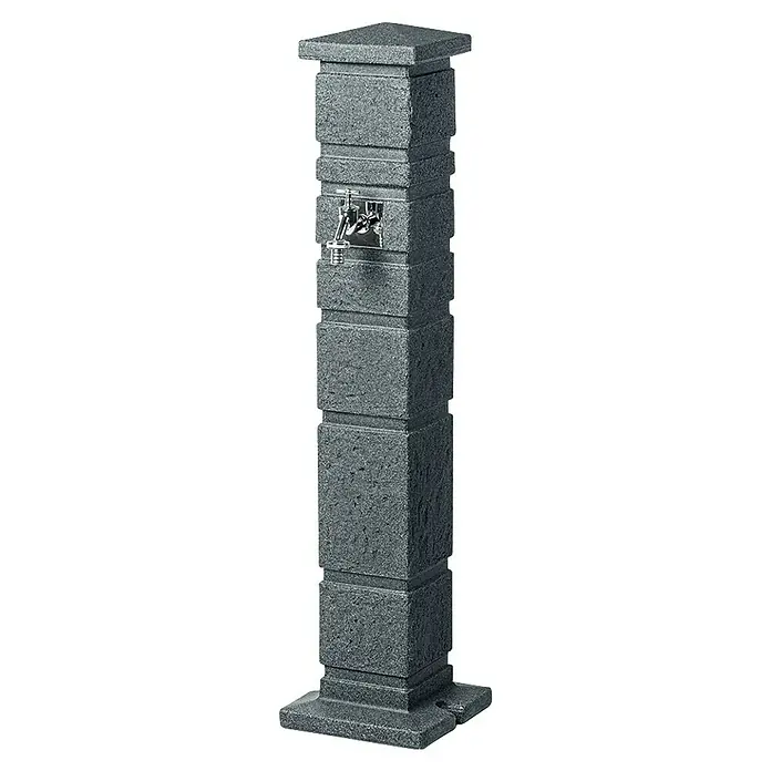 Arves Wasserzapfstelle Romana - Black Granitfarben, Höhe: 110 cm, Ausstattung: Wasserhahn - Eine graue Wasserentnahmestelle aus Stein mit einem verchromten Wasserhahn. Ideal für den Garten oder Hof.