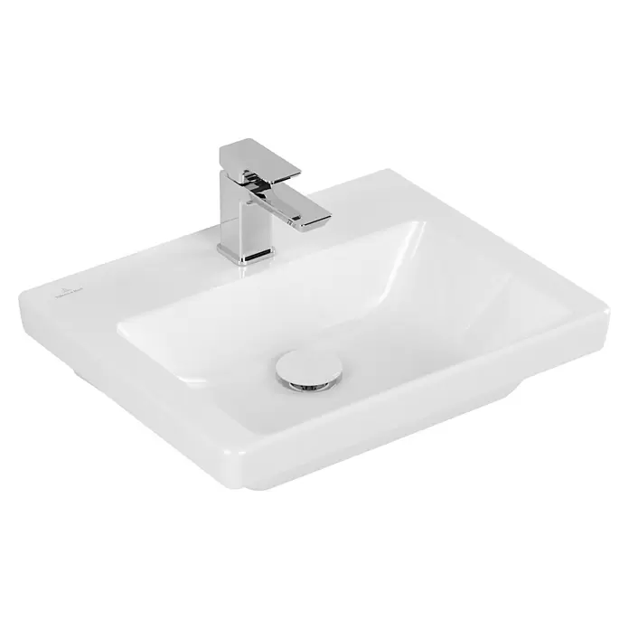 Villeroy & Boch Subway 3.0 Handwaschbecken - 50 x 40 cm, Mit schmutzabweisender Glasur, Hahnloch: Mitte, Ohne Überlauf, Weiß Alpin, Ungeschliffen, Waschbecken geeignet für: Möbel - Weißes Keramik-Waschbecken mit Chromarmatur und passendem weißen Ablaufstopfen.
