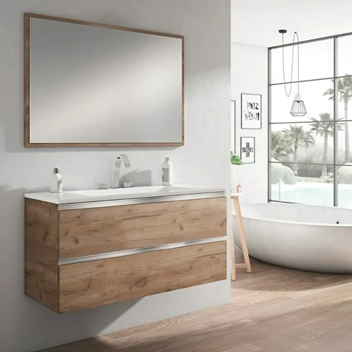 Mueble bajo de lavabo Andrea Suspendido - L x An x Al: 45 x 100 x 50 cm, Nebraska - Elegante conjunto de baño con tocador de aspecto de madera, espejo a juego y bañera independiente.