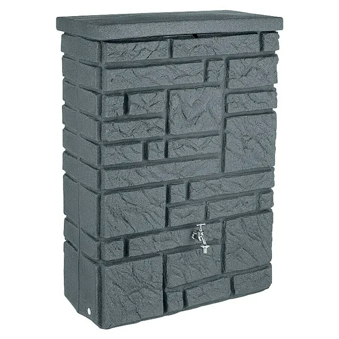 Arves Regenspeicher Maurano - 300 l, Black Granitfarben, 1 Stk. - Die graue Regentonne imitiert Steinoptik und verfügt über einen Wasserhahn, ideal für die Gartenbewässerung und eine nachhaltige Wassernutzung.