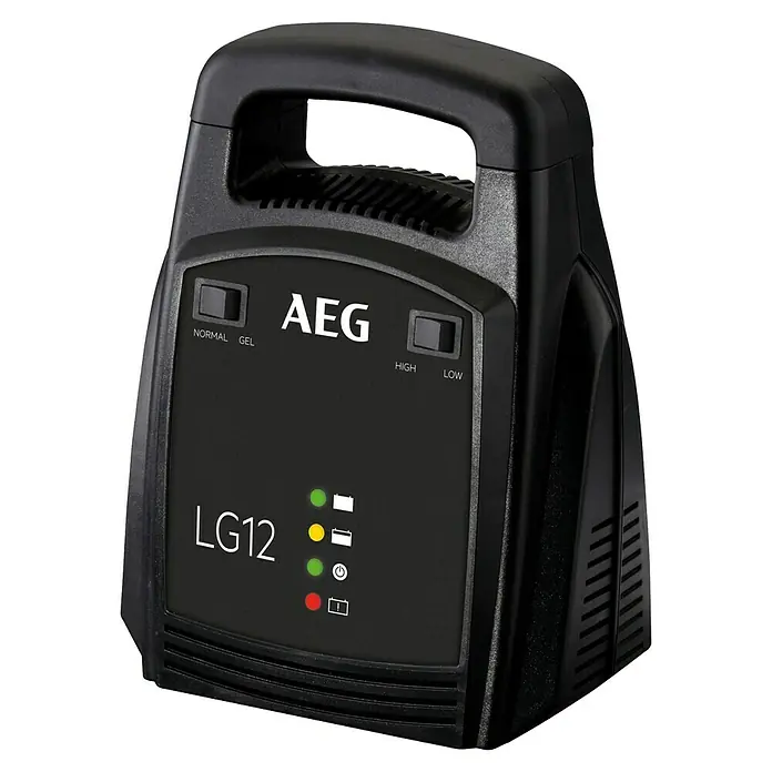AEG Batterie-Ladegerät LG 12 - Ladestrom: 12 A, Geeignet für: Auto - Das Bild zeigt ein schwarzes AEG LG12 Batterieladegerät mit Schaltern und LED-Anzeigen, das für verschiedene Batterietypen geeignet ist.
