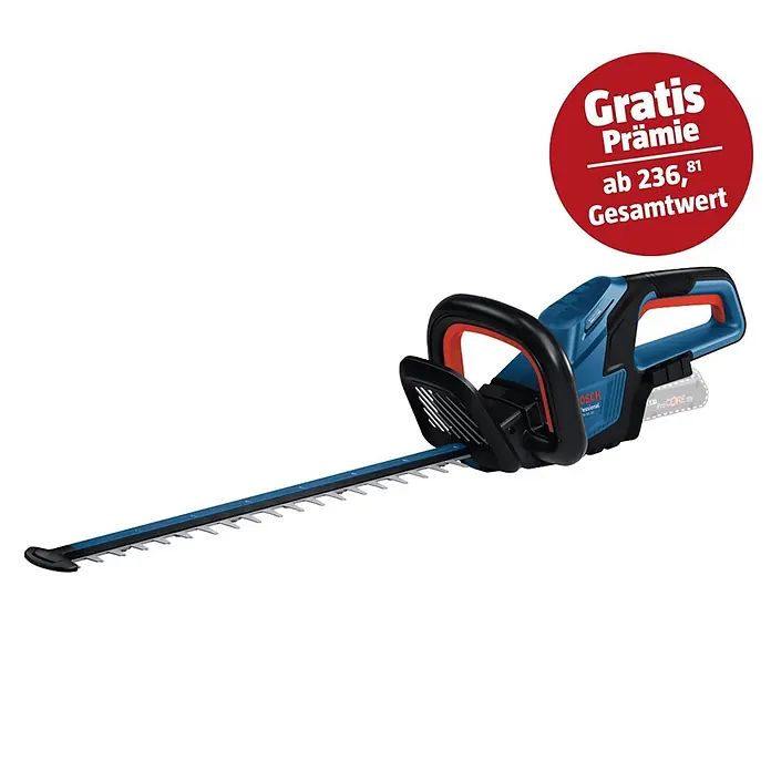 Bosch Professional AMPShare 18V Akku-Heckenschere GHE 18V-50 II - 18 V, Ohne Akku, Schwertlänge: 50 cm - Eine blau-schwarze Akku-Heckenschere mit orangefarbenen Akzenten und langer Klinge.