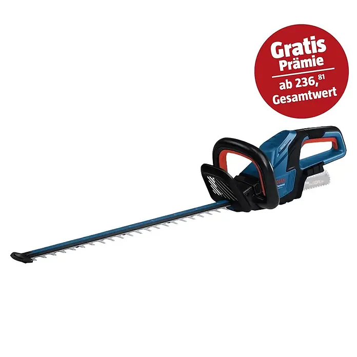 Bosch Professional AMPShare 18V Akku-Heckenschere GHE 18V-60 II - 18 V, Ohne Akku, Schwertlänge: 60 cm - Blauer und schwarzer Akku-Heckenschneider mit orangefarbenem Griffakzent.