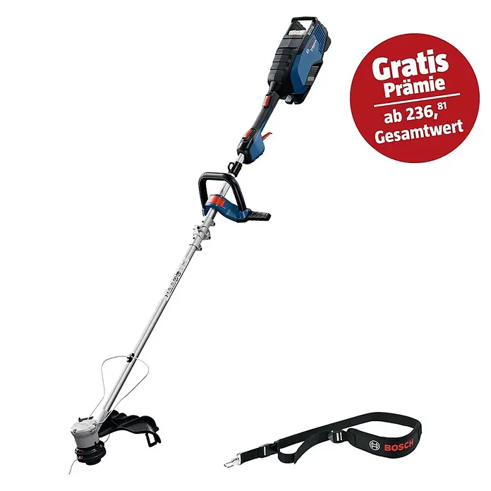Bosch Professional AMPShare 18V Akku-Rasentrimmer GRT 18V-40 - 18 V, Ohne Akku, Schnittbreite Faden: 40 cm - Ein blau-schwarzer Bosch Akku-Rasentrimmer mit silbernem Schaft, schwarzem Schultergurt und rotem Hinweis: 'Gratis Prämie ab 236,81 Gesamtwert'.
