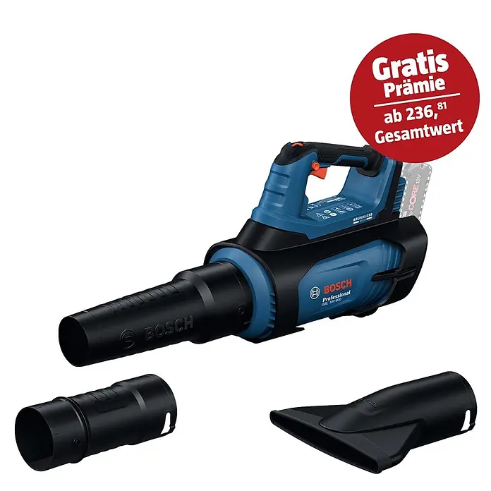Bosch Professional AMPShare 18V Akku-Laubbläser GBL 18V-800 - 18 V, Ohne Akku, Blasgeschwindigkeit: 200 km/h, Blasleistung: 800 m³/h, Länge: 85,5 cm - Blauer und schwarzer Bosch Akku-Laubbläser GBL 18V-800 mit Akku und zwei Düsen.