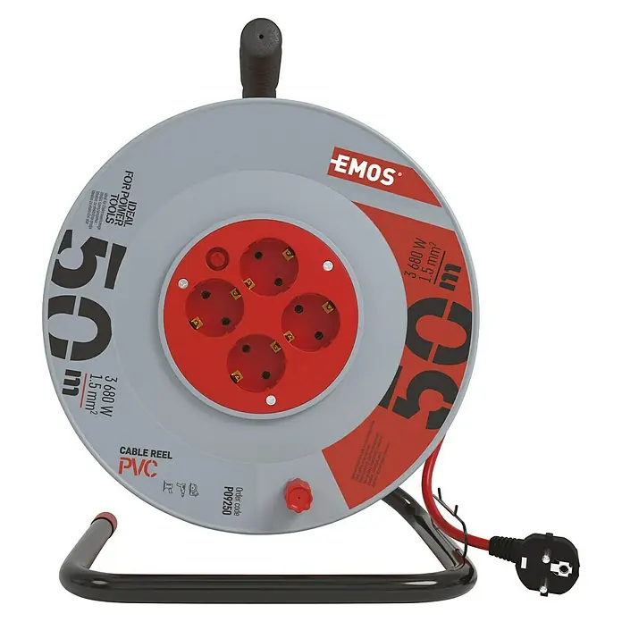 Emos Kabeltrommel - Kunststoff, 50 m, H05VV-F, IP20 - Eine graue EMOS Kabeltrommel mit rotem Mittelteil und vier Steckdosen, ideal für Werkzeuge, mit einer Kabellänge von 50 Metern.