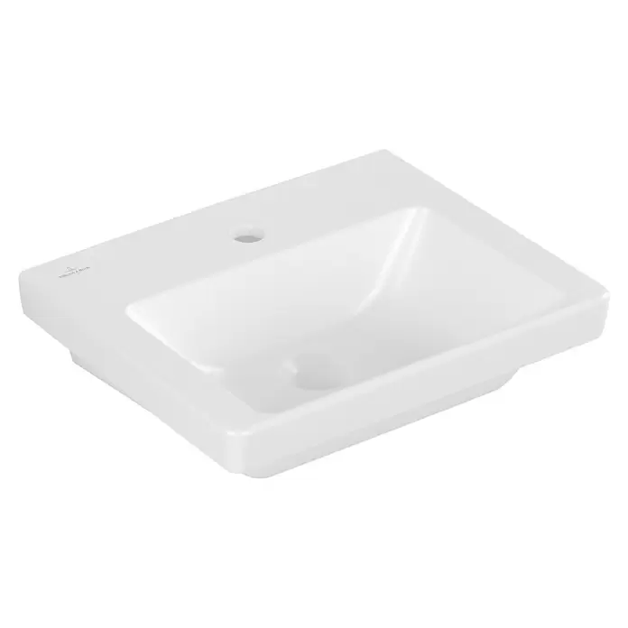 Villeroy & Boch Subway 3.0 Handwaschbecken - 45 x 37 cm, Mit schmutzabweisender Glasur, Hahnloch: Mitte, Mit Überlauf, Stone White, Waschbecken geeignet für: Möbel - Weißes Keramik-Waschbecken mit integriertem Hahnloch und Überlauf.