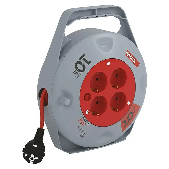 Emos Kabeltrommel - Kunststoff, 10 m, H05VV-F, IP20 - Graue EMOS Kabeltrommel mit rotem Kabel und vier Steckdosen für den Einsatz im Haus oder im Garten.