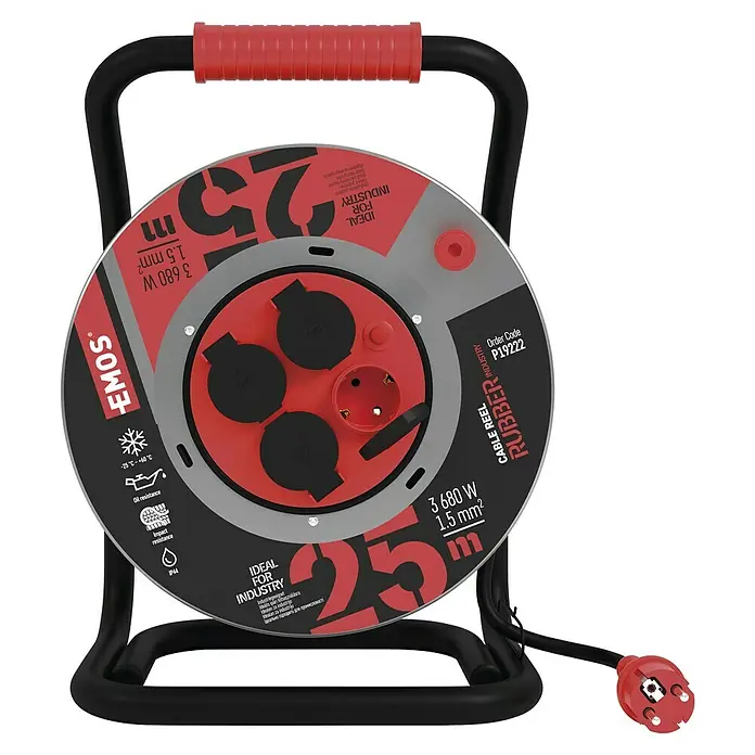Emos Kabeltrommel - Kunststoff, 25 m, H07RN-F, IP44 - Das Bild zeigt eine EMOS Kabeltrommel Rubber Industry mit 25 m Kabellänge, ideal für den industriellen Einsatz.