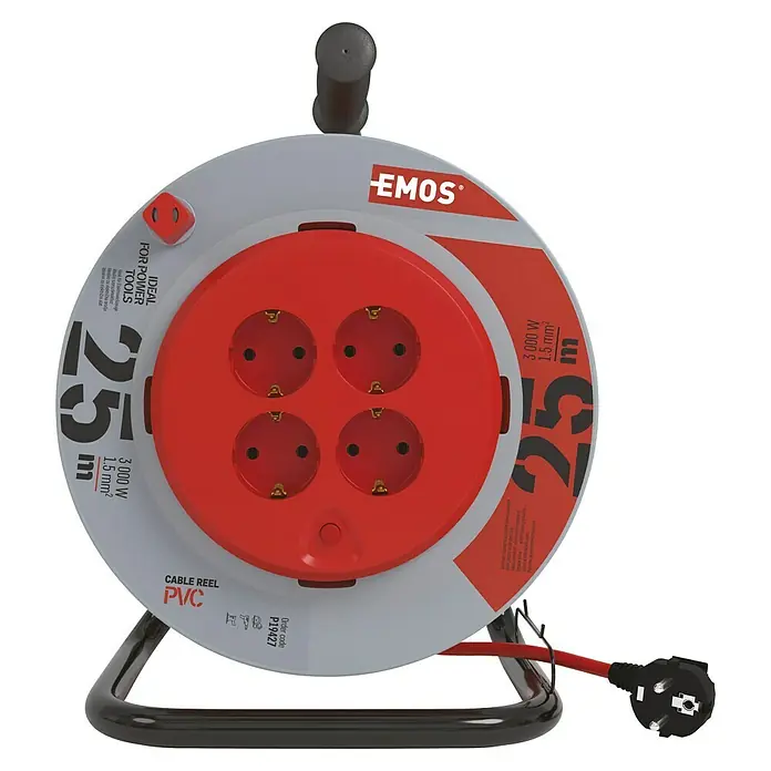 Emos Kabeltrommel mit fester Mitte - Kunststoff, 25 m, H05VV-F, IP20 - Bild einer EMOS Kabeltrommel mit vier Steckdosen und einem roten Kabel, ideal für den Einsatz von Elektrowerkzeugen.