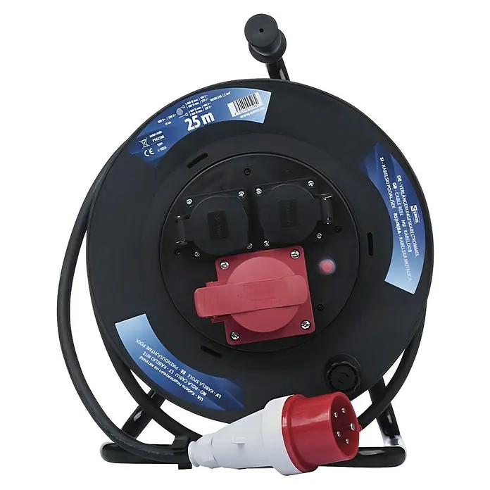 Kabeltrommel 25m, 3G2,5mm² H07RN-F, 4 Schutzkontaktsteckdosen, Schwarz, Kunststoff