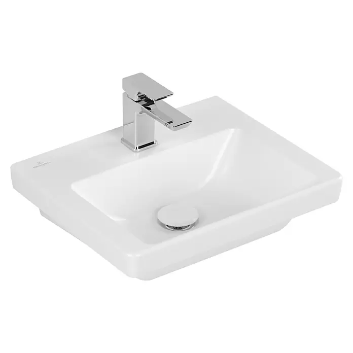 Villeroy & Boch Subway 3.0 Handwaschbecken - 45 x 37 cm, Mit schmutzabweisender Glasur, Hahnloch: Mitte, Mit Überlauf, Stone White, Waschbecken geeignet für: Möbel - Weißes Keramikwaschbecken mit modernem Chromwasserhahn und weißem Ablaufdeckel für das Badezimmer.