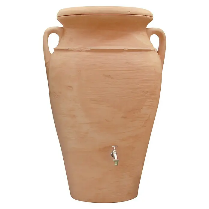Arves Regenspeicher Amphore Helena - 300 l, Terra/Antik - Ein großer Terrakotta-Wasserspender mit einem Hahn in der Mitte des Gefäßes zur Wasserentnahme. Ideal für Garten und Terrasse.