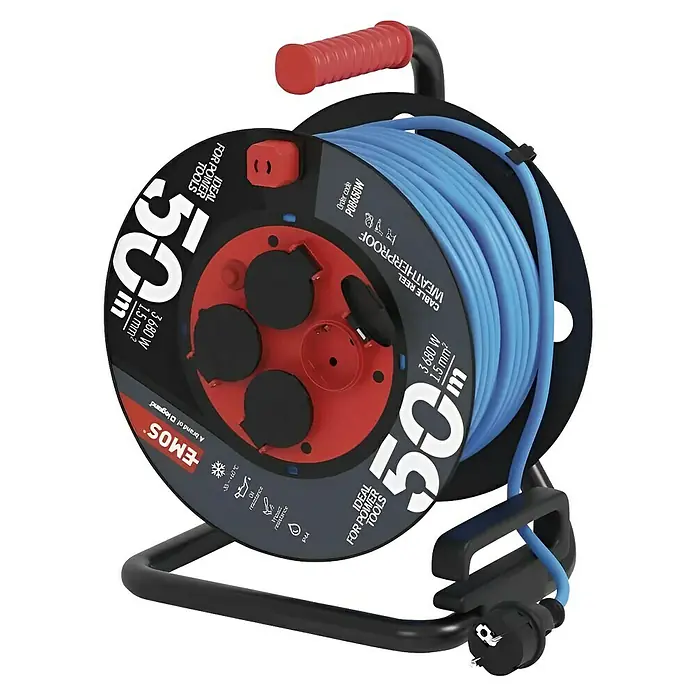 Emos Kabeltrommel - Kunststoff, 50 m, AT-N05V3V3-F, IP44 - Blaue EMOS Kabeltrommel mit 50 m Kabel und rotem Griff, ideal für Werkzeuge im Außenbereich.