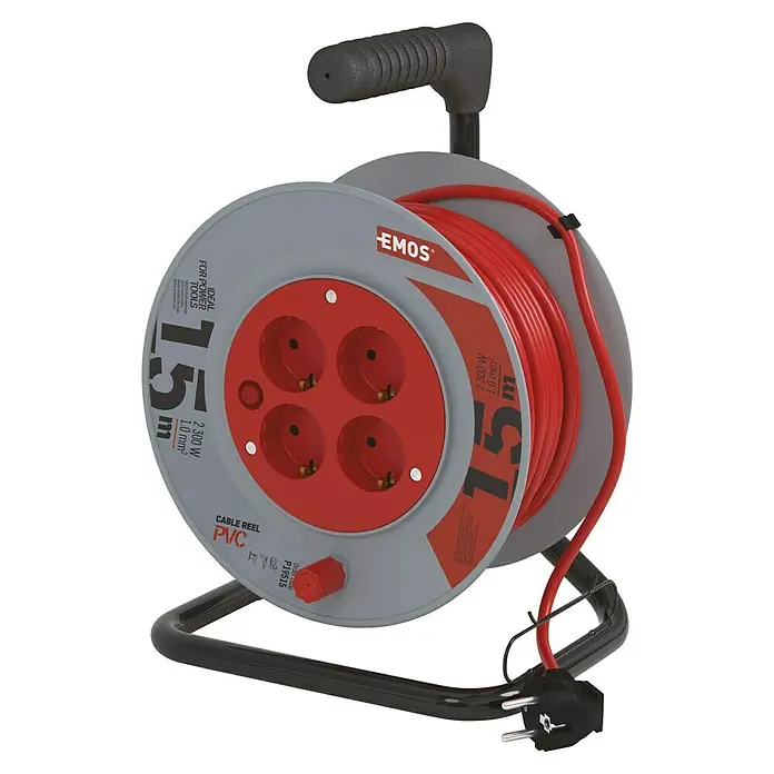 Emos Kabeltrommel - Kunststoff, 15 m, H05VV-F, IP20 - Eine EMOS Kabeltrommel mit 4 Steckdosen, 15 m Kabellänge, ideal für Werkzeuge, mit rotem Kabel und grauem Gehäuse.