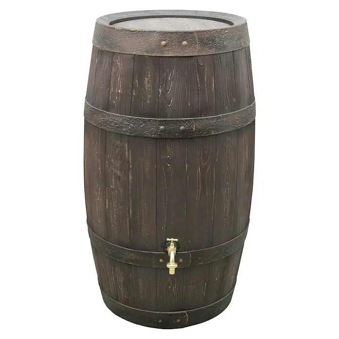 Arves Regenspeicher Barrique - 250 l, Dunkelbraun - Braunes Holzfass mit Metallbändern und goldenem Zapfhahn für den Garten.