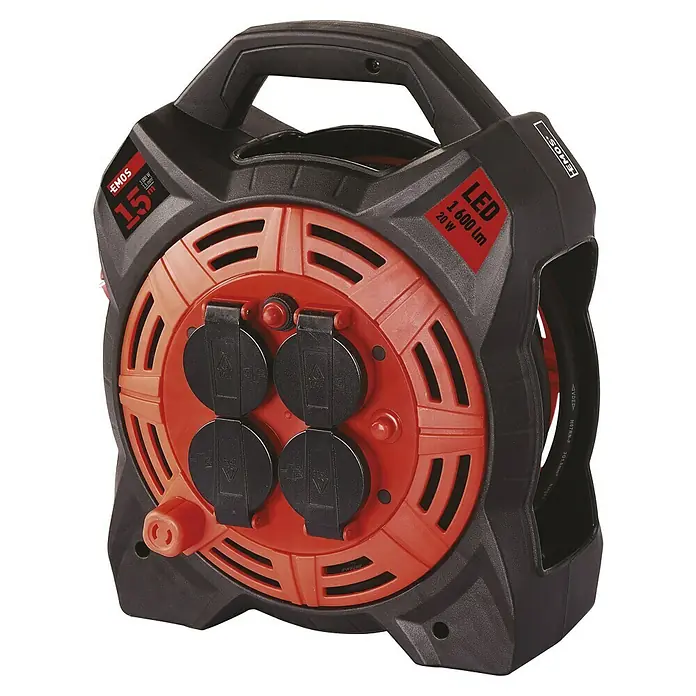 Emos Kabeltrommel mit LED-Strahler - Kunststoff, 15 m, H07RN-F, IP44 - Eine Kabeltrommel mit vier Steckdosen und LED-Leuchte für den flexiblen Einsatz in Werkstatt und Garten, ideal für Stromversorgung.