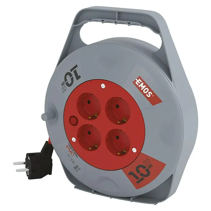 Emos Kabeltrommel - Kunststoff, 10 m, H05VV-F, IP20 - Graue EMOS Kabeltrommel mit vier roten Steckdosen und einem roten Netzkabel für den Innenbereich, ideal für Werkstatt oder Baustelle.