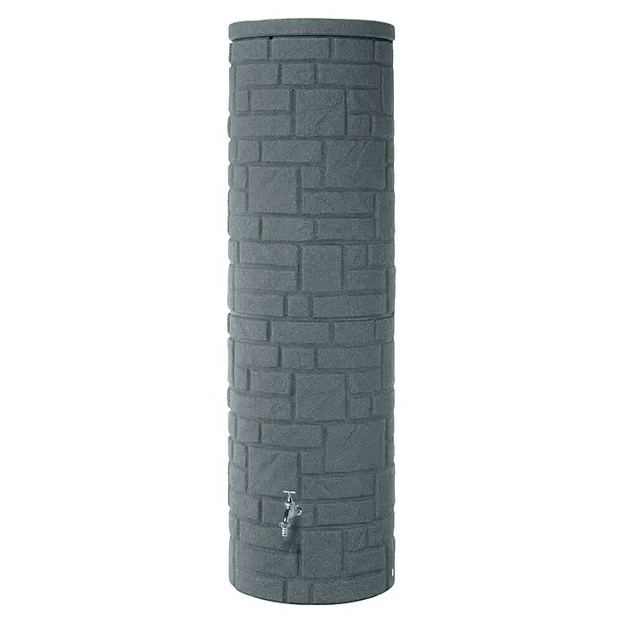 Arves Regenspeicher Arcado - 460 l, Black Granitfarben - Eine graue Regentonnen mit Wasserhahn und Steinmuster. Ideal für die Gartenbewässerung und zum Wassersparen im Außenbereich.