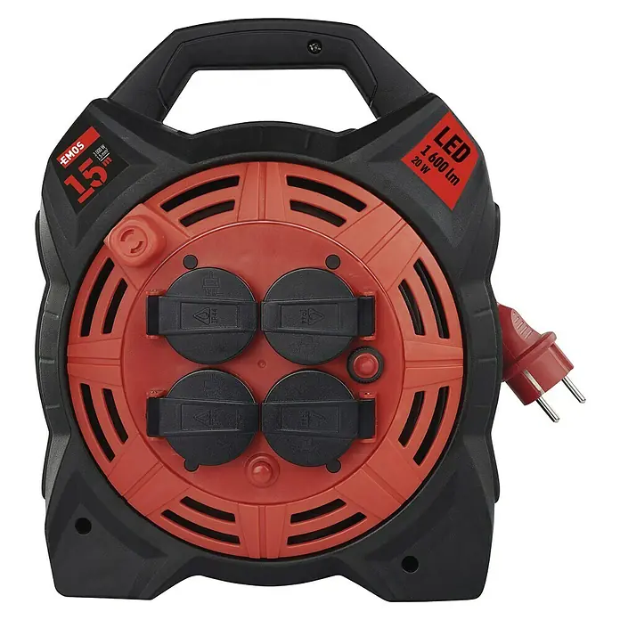 Emos Kabeltrommel mit LED-Strahler - Kunststoff, 15 m, H07RN-F, IP44 - Eine schwarze und rote EMOS-Kabeltrommel mit LED-Leuchte und vier Schutzkontaktsteckdosen für den Innen- und Außenbereich.