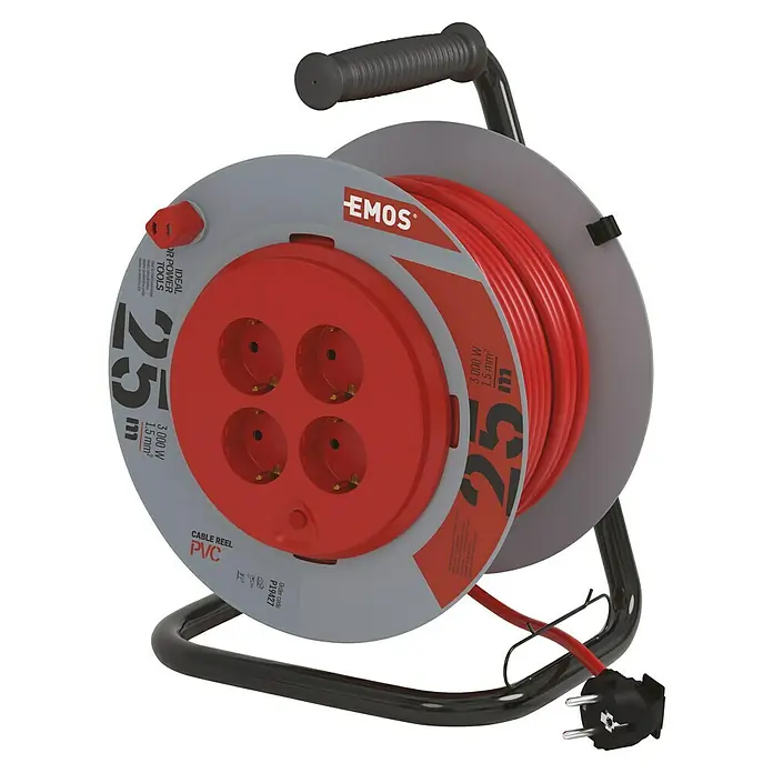 Emos Kabeltrommel mit fester Mitte - Kunststoff, 25 m, H05VV-F, IP20 - Die EMOS Kabeltrommel mit 4 Steckdosen ist ideal für den Einsatz von Elektrowerkzeugen und bietet eine Kabellänge von 25 Metern.