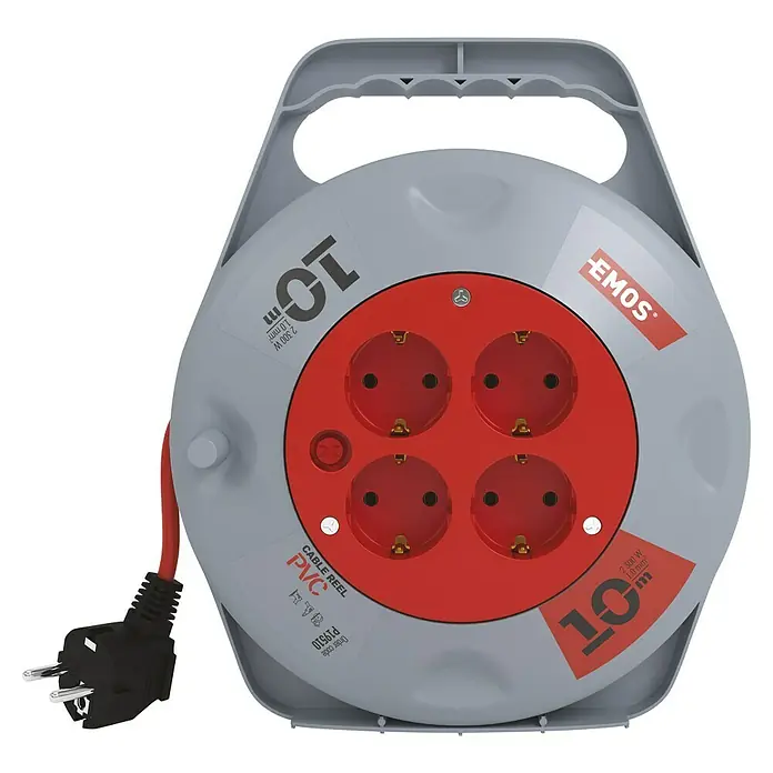 Emos Kabeltrommel - Kunststoff, 10 m, H05VV-F, IP20 - Die EMOS Kabeltrommel mit 4 Steckdosen bietet 10m Kabellänge, ideal für den flexiblen Einsatz im Haus und Garten.