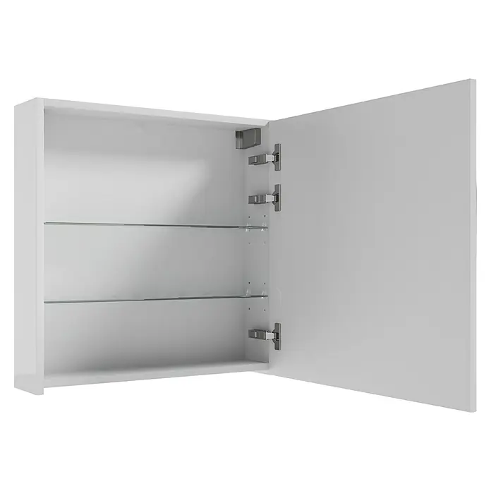 Spiegelschrank Rietti - B x H: 60 x 60 cm, Holz, Weiß - Innenansicht eines Badezimmerschranks mit zwei Glasböden und einer offenen Tür, die die Scharniere zeigt. Elegantes Design für moderne Bäder.