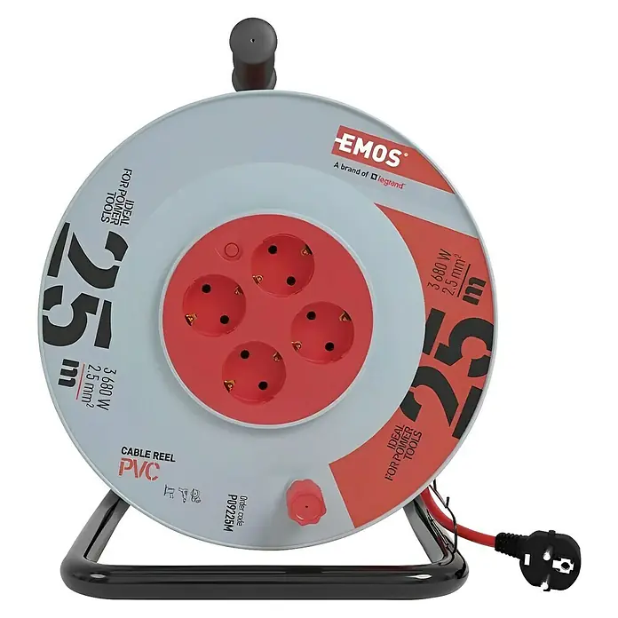 Emos Kabeltrommel - Kunststoff, 25 m, H05VV-F, IP20 - Das Bild zeigt eine Kabeltrommel von EMOS mit vier Steckdosen, 25 m Kabellänge und einer Leistung von 3680 W. Ideal für Werkzeuge.