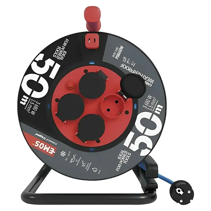 Emos Kabeltrommel - Kunststoff, 50 m, AT-N05V3V3-F, IP44 - Aufrollbare EMOS-Verlängerungskabeltrommel mit 50 Metern Länge, ideal für den Einsatz mit Werkzeugen und für den Außenbereich geeignet.
