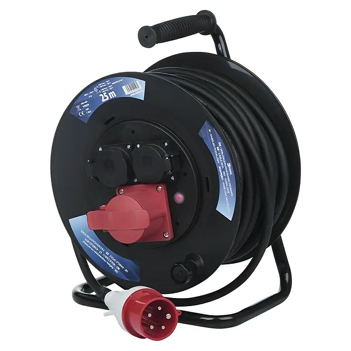 Emos Kabeltrommel CEE-Steckdose - Kunststoff, 25 m, H07RN-F, IP44 - Eine schwarze Kabeltrommel mit einem roten Starkstromstecker und mehreren Schuko-Steckdosen für den flexiblen Einsatz.