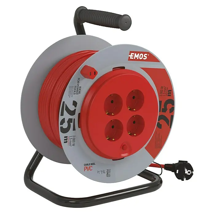 Emos Kabeltrommel mit fester Mitte - Kunststoff, 25 m, H05VV-F, IP20 - Eine graue EMOS Kabeltrommel mit rotem Kabel und vier roten Steckdosen, ideal für Werkzeuge bis 3000W.
