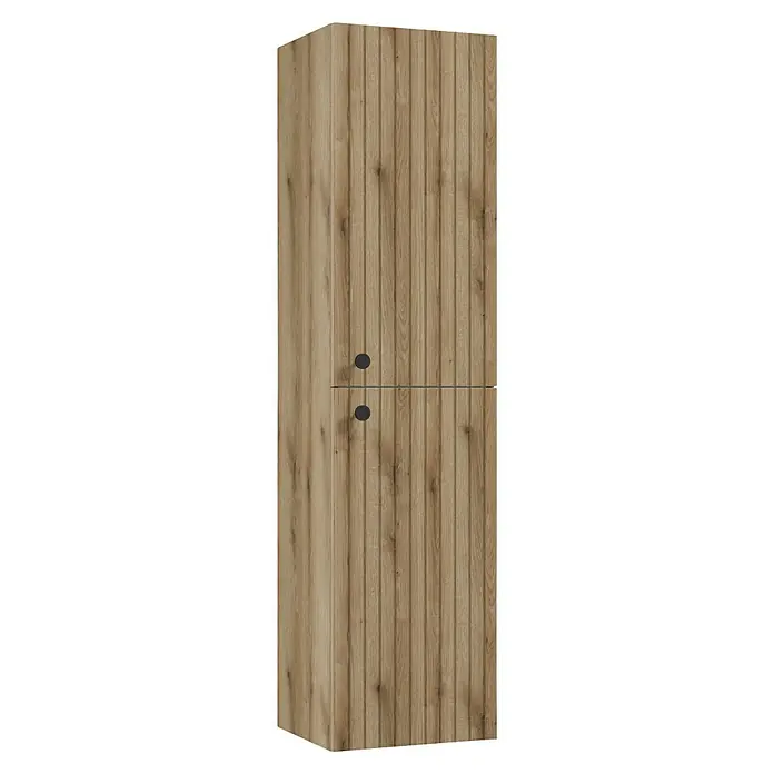 Hochschrank Rietti - B x T x H: 35 x 32 x 140 cm, Eiche Evoke, Strukturiert - Eine Nahaufnahme eines Schranks mit einer hellbraunen Holzstruktur und zwei runden, schwarzen Griffen. Das schlichte Design passt perfekt in moderne Räume.
