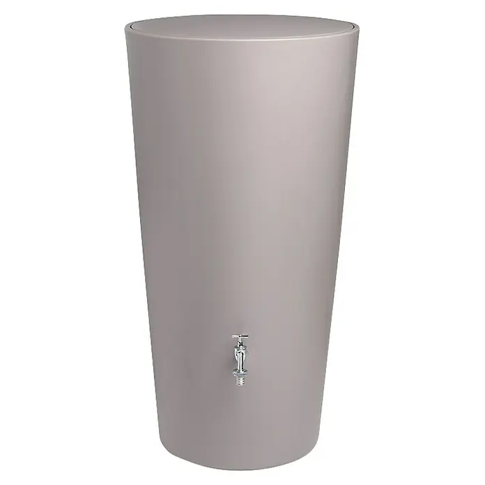 Arves Regenspeicher Rainbowl - 210 l, Taupe - Grauer Regenspeicher mit einem silbernen Wasserhahn. Sammeln Sie Regenwasser stilvoll mit diesem eleganten Tank für den Garten.