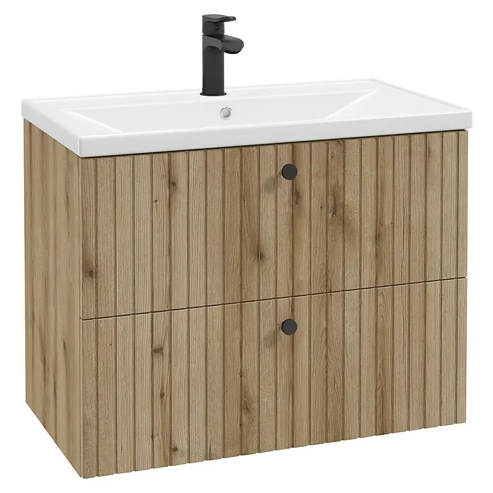 Badmöbel-Set Rietti - 81 cm, Eiche Evoke, Strukturiert - Elegantes Badezimmer-Waschbecken mit Unterschrank und zwei Schubladen in Holzoptik. Ideal für moderne Badezimmer.